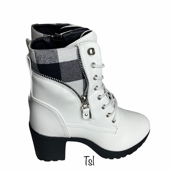 White Lace Up Chunky Heel Plad Inset Combat Boot - Picture 2 of 9